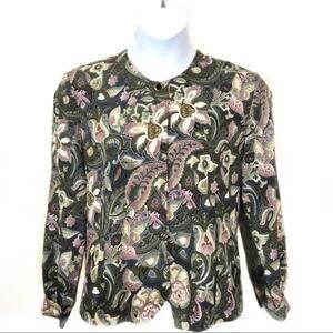 Librarian Blouse 80s Retro Chic Floral Classic Button Front High Neck Women SZ L